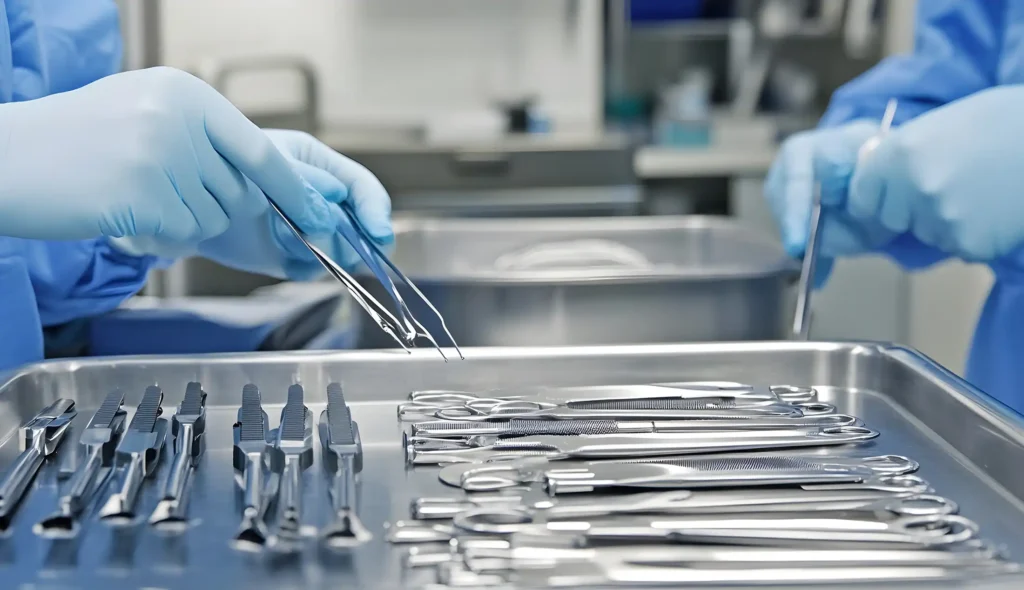 A sterile processing technician organizing surgical instruments